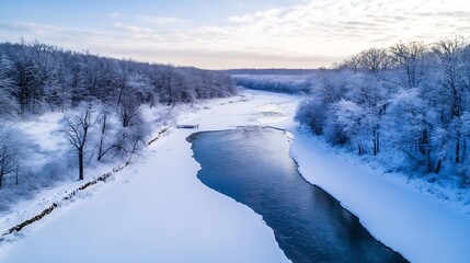 Poster - Serene winter landscape: a snow-covered river meanders through a tranquil forest, its icy banks reflecting the pale winter sky. : Generative AI