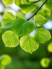 Poster - Close-up of vibrant green leaves on a branch, showcasing intricate vein patterns and a fresh, spring-like appearance.  The sunlight illuminates the delicate texture of each leaf. : Generative AI