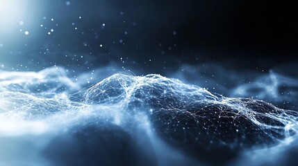 Fototapete - Abstract digital landscape with glowing blue network, nodes, and particles, creating a futuristic, ethereal, and technological scene. : Generative AI