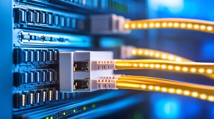 Leinwandbilder - Close-up view of fiber optic cables connected to a server rack, showcasing the intricate network infrastructure and glowing fiber strands. : Generative AI