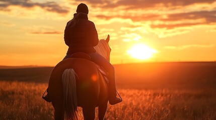 Poster - Silhouette of a woman horseback riding at sunset, golden hour light illuminating the field and sky, peaceful and serene atmosphere. : Generative AI