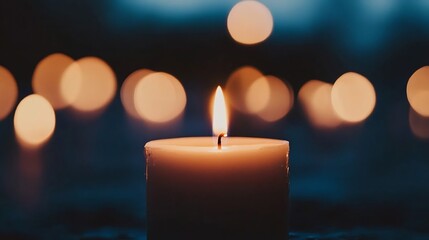 Leinwandbilder - A single, lit candle glows brightly, its warm light contrasting against a dark, moody background of blurred, out-of-focus candlelight. : Generative AI
