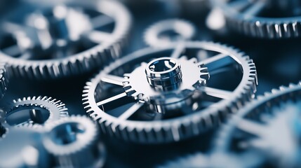 Fototapete - Close-up view of intricate metal gears, showcasing precision engineering and complex mechanics.  The image highlights the detailed craftsmanship and interconnectivity of the gear syste : Generative AI