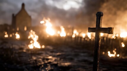 Fototapete - A weathered wooden cross stands silhouetted against a backdrop of burning buildings and a hazy, ominous sky, conveying a sense of loss and devastation. : Generative AI