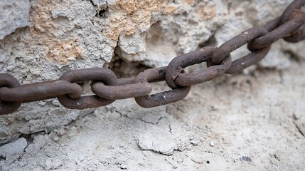 Fototapete - Close-up view of a rusty chain resting against a weathered, cracked concrete wall, showing texture and age. : Generative AI