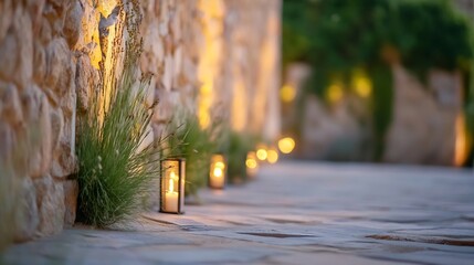Poster - Illuminated pathway with lanterns and grasses beside a stone wall at dusk, creating a warm and inviting ambiance. : Generative AI