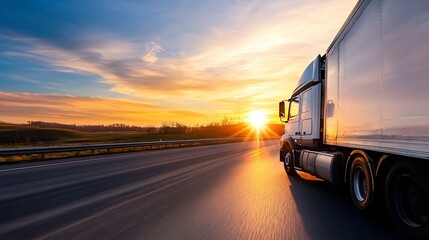 Poster - Semi-truck driving on highway at sunset, golden hour light illuminating the landscape and vehicle, motion blur effect showcasing speed and movement. : Generative AI