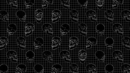 A looping background pattern of hand drawn sketch style objects in a white outline style on a black background.