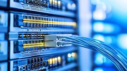 Poster - Close-up of network server rack with fiber optic cables connected, showcasing illuminated ports and intricate hardware details in a modern data center. : Generative AI