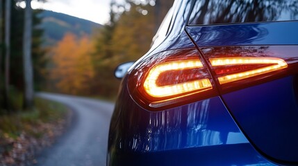 Poster - Close-up of a blue car's illuminated taillight, parked on a winding road through an autumnal forest.  The warm sunset light casts a golden glow on the blurred background. : Generative AI