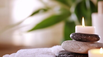 Poster - Serene spa setting with stacked stones, lit candles, and a soft white towel, creating a tranquil and relaxing atmosphere. : Generative AI