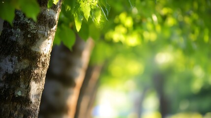 Aufkleber - Close-up view of tree bark texture with sunlight illuminating it, surrounded by vibrant green foliage and a blurred background of trees in a park-like setting. : Generative AI