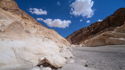 Aufkleber - Arid canyon landscape with towering beige and brown rock formations under a vibrant blue sky, punctuated by fluffy white clouds.  The canyon floor is composed of light gray gravel and  : Generative AI