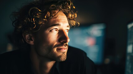Casual IT specialist with abstract tech background, symbolizing innovation in modern workspaces