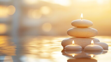 Poster - Serene sunset scene featuring three smooth, pale stones stacked with a lit candle atop, two additional candles floating nearby in calm, golden water. : Generative AI