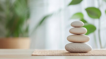 Aufkleber - Serene Stack of Four Smooth, Light Beige Stones on a Rustic Mat, Blurred Green Plants in Background. : Generative AI