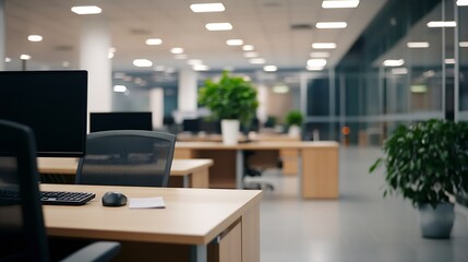 Leinwandbilder - Modern office workspace with empty desks, computers, and plants, showcasing a minimalist and bright interior design. : Generative AI