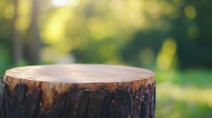 Poster - A sunlit tree stump, smooth and light brown on top, rests against a blurred backdrop of lush green forest, ideal for product display or nature-themed designs. : Generative AI