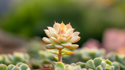 Aufkleber - Close-up view of a peach-colored echeveria succulent, its rosette shape highlighted against a blurred green background of other succulents.  The soft light enhances the plant's delicat : Generative AI