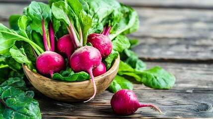 Aufkleber - Fresh red radishes in a wooden bowl, surrounded by vibrant green leaves, sitting on a rustic wooden surface.  A single radish rests nearby. : Generative AI