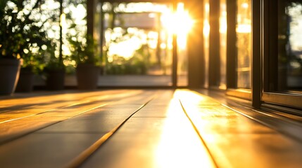 Poster - Golden sunlight streams through modern glass doors onto a warm wooden deck, creating a tranquil and inviting atmosphere. : Generative AI