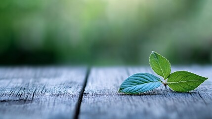 Poster - Three vibrant green leaves rest gently on weathered gray wood, a serene nature scene against a blurred green background, evoking tranquility and new growth. : Generative AI