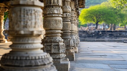 Aufkleber - Intricate stone pillars of an ancient temple, showcasing detailed carvings and weathered textures, stand in a row under a bright sun, with a blurred background of lush green trees and  : Generative AI