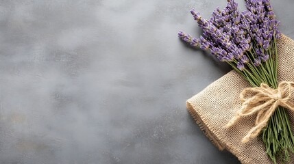 Leinwandbilder - A bouquet of fresh lavender flowers tied with twine rests on a piece of burlap fabric against a gray textured background, offering a calming and natural aesthetic. : Generative AI