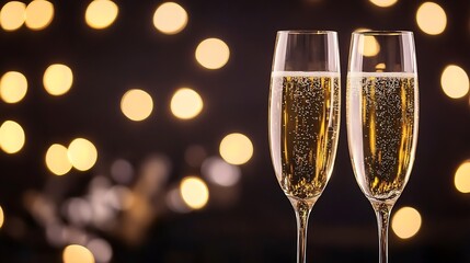 Aufkleber - Two champagne flutes filled with sparkling wine, set against a backdrop of warm, blurry golden lights, perfect for celebratory occasions. : Generative AI