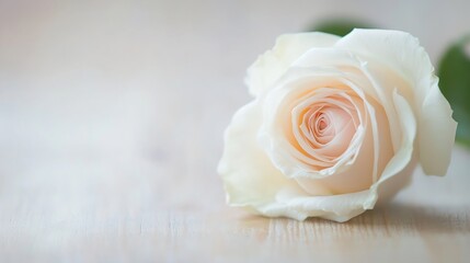 Aufkleber - Close-up view of a single, delicate, light cream rose resting on a soft, light wooden surface.  The petals are softly illuminated, showcasing their gentle texture and subtle color vari : Generative AI