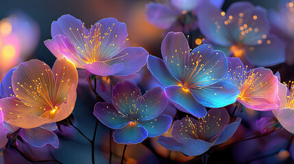 Leinwandbilder - Enchanting luminous flowers glowing softly with inner light in shades of blue, pink, orange, yellow, and purple, delicate translucent petals illuminated from within