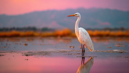 Aufkleber - Elegant white egret wading in pink sunset water, serene nature scene, bird in tranquil wetland habitat, beautiful avian wildlife photography.