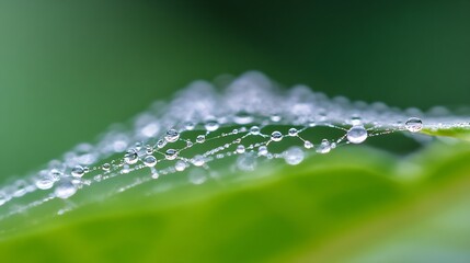 Aufkleber - Close-up of dew drops clinging to a spiderweb delicately draped across a vibrant green leaf, showcasing the intricate details of nature's artistry. : Generative AI