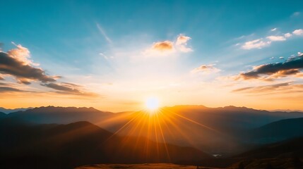 Aufkleber - Majestic sunset over a mountain range, vibrant orange and gold hues illuminating the peaks and valleys, creating a breathtaking panoramic view. : Generative AI