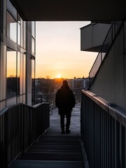 Aufkleber - Silhouette of a person walking down stairs towards a vibrant sunset over a cityscape, viewed from a modern building's walkway. : Generative AI