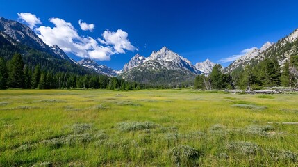 Poster - Majestic mountain range peaks rise above a vibrant green meadow under a clear blue sky, creating a breathtaking natural landscape. : Generative AI