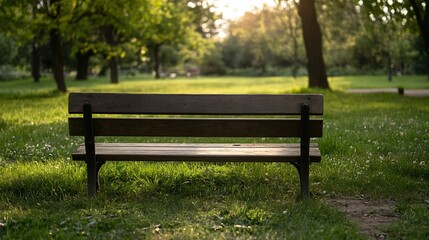 Poster - Empty wooden park bench sits in lush green grass, bathed in warm evening sunlight, tranquil park setting. : Generative AI