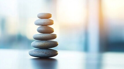 Leinwandbilder - Serene Stack of Gray Stones on a Table, Balanced and Peaceful, with a Soft Blurred Background of a Window with Natural Light. : Generative AI