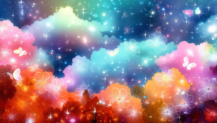 Aufkleber - Celestial floral fantasy: vibrant flowers, butterflies, and stars illuminate a dreamy, colorful night sky, creating a magical, enchanting scene.