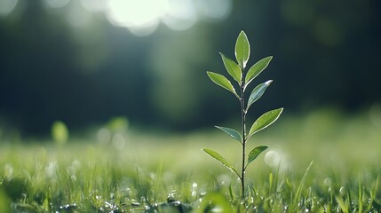 Poster - A single, vibrant green sprout emerges from lush grass, bathed in soft sunlight, symbolizing new life and growth in a tranquil natural setting. : Generative AI