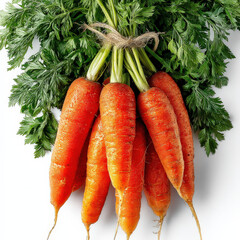 Aufkleber - A bunch of fresh, vibrant orange carrots with their green leafy tops, tied together with twine, sits on a stark white background.