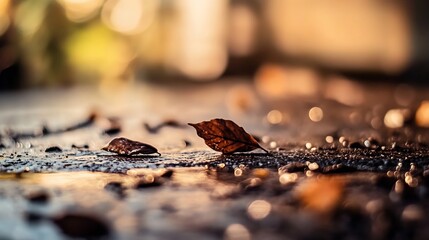 Fototapete - Two brown autumn leaves rest on a wet, dark surface, glistening with tiny water droplets reflecting the warm, golden light of the setting sun. : Generative AI