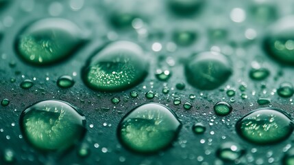 Poster - Close-up view of water droplets on a dark teal surface, showcasing their spherical shape and reflective qualities, with subtle bokeh effects in the background. : Generative AI