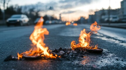 Poster - Small fires burn brightly on a dark asphalt road at dusk, with blurred city background and cars visible in the distance. : Generative AI