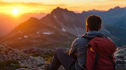 Fototapete - A hiker rests on a mountain peak, enjoying the breathtaking sunset over a majestic range of peaks.  Golden hour light bathes the landscape in warm hues. : Generative AI