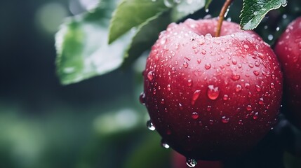 Aufkleber - Close-up of a ripe, red apple covered in water droplets, hanging from a branch with lush green leaves in a garden setting.  The image evokes freshness and natural beauty. : Generative AI