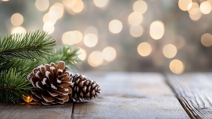 Aufkleber - Snowy pine cones and evergreen branches rest on a rustic wooden surface, bokeh lights blur in the background, creating a festive winter scene. : Generative AI