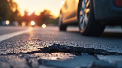 Poster - Close-up view of a damaged asphalt road surface at sunset, with a blurred car in the background, highlighting the cracked and broken texture of the pavement. : Generative AI