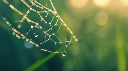 Poster - Close-up of a spiderweb glistening with morning dew, sunlight illuminating the delicate strands and water droplets, creating a serene and peaceful natural scene. : Generative AI