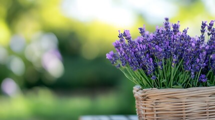 Aufkleber - A wicker basket overflowing with a vibrant bouquet of purple lavender flowers sits outdoors, bathed in soft sunlight against a blurred green background. : Generative AI